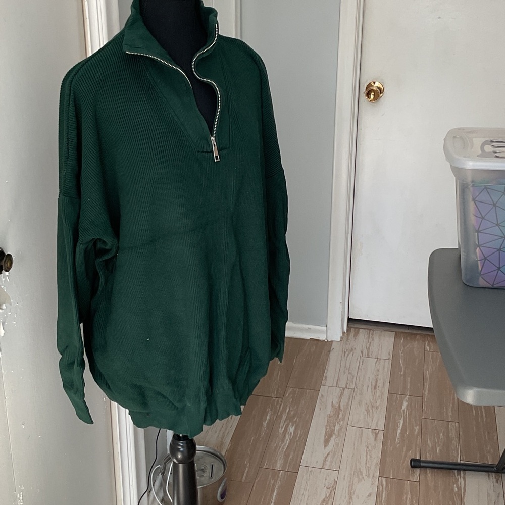 P469. Brunette The Label Emerald Green Ribbed Half-Zip Sweater